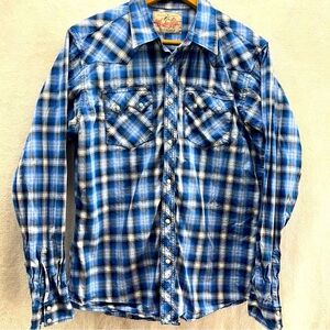 VTG Wrangler Mens Western Pearl Snap Shirt Navy/Black Plaid Sawtooth Pocket •2XL